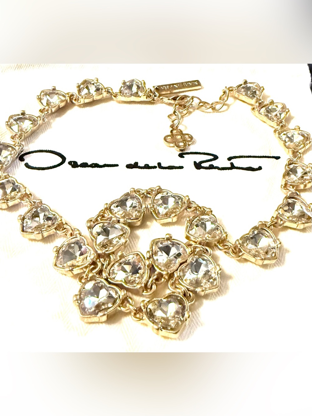 Oscar de la Renta Gold and Clear Crystal Heart Link Necklace